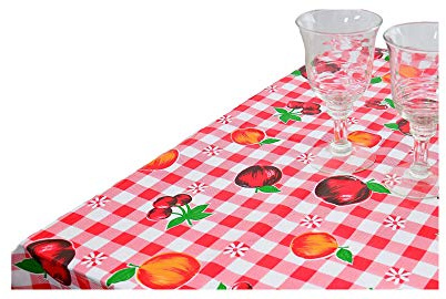 Alux - Waterproof Oilcloth Table Cloth - Wipeable Tablecloths for Picnic - Non-Fading Plastic Table Cover with Better Than Flannel Backing - Gingham and Fruits Red (55x70in Rectangle)
