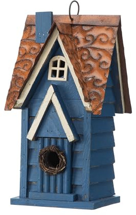 Glitzhome Vintage Hanging Birdhouse - Retro Blue Distressed Wooden Cottage Garden Bird House for Small Birds Garden/Patio Rustic Decor (12 H)