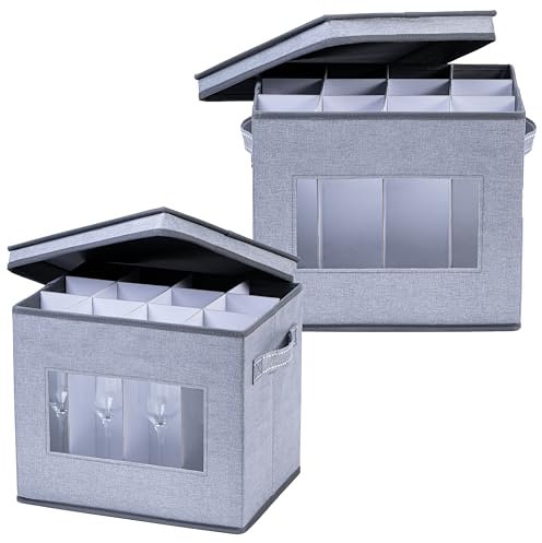 VENO Pack de 2 Cajas con Tapa y Asas, para Copas de Champán, Cajas de Mudanza para Copas, Contenedor Organizador para Vajilla, Soporte para Cristalería (flauta de champán, pack de 2)