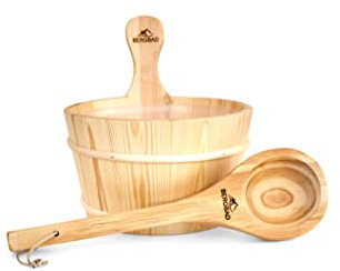 BERGBAD Seau de sauna avec louche de 2,5 l | Seau de sauna en bois naturel | Accessoires de sauna de qualité supérieure avec insert en plastique et poignée de transport