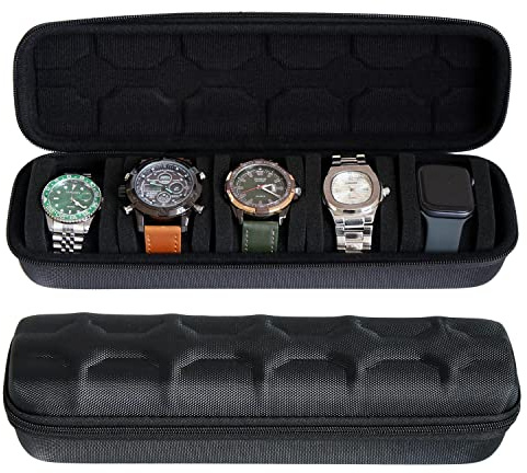 Besforu Hard watch box organizer for men or Women 5 watch travel case Portable Storage watch display holder for Wristwatches and Smart Watches up to 55mm (BLACK 5 SLOT)
