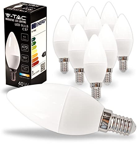 V-TAC 10x Lampadine LED Candela con Attacco E14 - 4,5W (Equivalenti a 40W) - Lampadine di Nuova Generazione - 470 Lumen - Massima Efficienza e Risparmio Energetico - 3000K Luce Bianca Calda