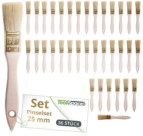 ToolSpace Flachpinsel Set 36 Stück 25 mm Naturborsten Buchenholzgriff Lackpinsel Lasurpinsel Borstenpinsel Streichpinsel für Lacke Beizen Holzlasur Lasur Wandfarbe Holz Möbel Wände Fenster Türen DIY