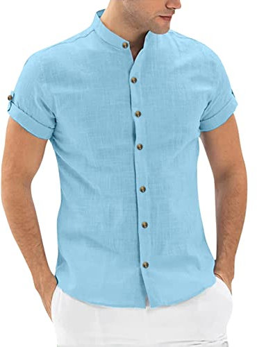 Leinenhemd Herren Slim Fit, Leicht Baumwolle Modern Kurzarmhemd Strandhemd Comfort Oversize Druckknöpfe 3XL Hemden Hawaii Hemd Stehkragen Stretch Leinen Luftig Sommerhemd Hemd