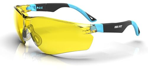DEX FIT SG210 Gafas de protección ocular Z87, antivaho y resistentes a los arañazos, ajustables, unisex, bloquean luz azul y rayos UV (montura negra y azul, lentes amarillas)