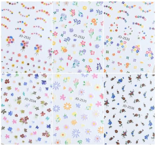 Bkemkri 6 Hojas 5D Pegatinas Para Uñas Flores y 1 Pinza, Autoadesiva Nail Art Stickers Decoración Lindas Diseño DIY Estereoscópicas Alivio Coloridas de Primavera Accesorios.