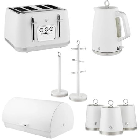 Swan Serenity Jug Kettle, 4 Slice Toaster, Bread Bin,Tea Coffee Sugar Canisters, Towel Pole & Mug Tree Matching Matte Kitchen Set (White)