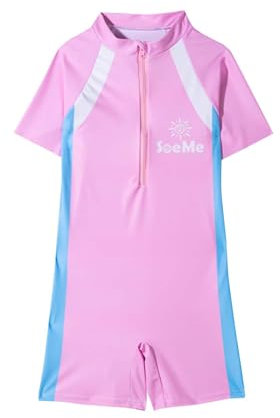 Guqmjde Badeanzug Mädchen Einteiler Badeanzüge Neoprenanzug Kinder Kurzarm Schwimmanzug Schwimmen Surfen Badebekleidung Strand Swimsuit Schnelltrocknende Rosa, 9 Jahre