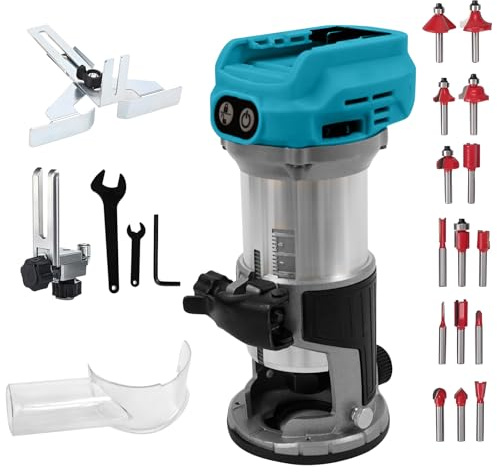 TALOEYH - Akku Oberfräse kompatibel mit Makita 18V Akku, 800W Oberfräse Trimmer Einhandfräse mit 6 Geschwindigkeit, Bürstenloser Kantenfräser mit 15 Stück 1/3 Fräser Set (Ohne Akku)