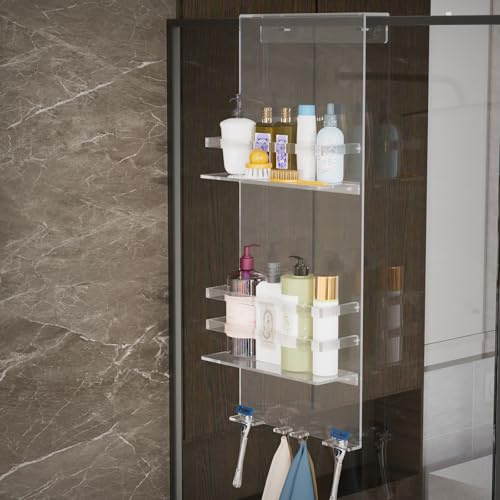 Nynelly Mensola da Doccia in Acrilico Senza Foratura, Porta Shampoo Doccia da Appendere con Ganci, Organizer da Doccia, Ripiano Doccia da Appendere per Porte in Vetro