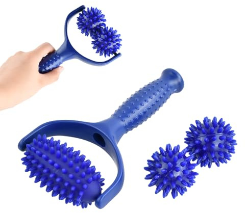 Rodillo de Masaje con Mango, Rodillo de Automasaje con 3 Bolas de Masaje de Erizo Intercambiables con Asas, masajeador para Piernas, Espalda, Brazos, Hombros, Pies y Alivio de Dolores, Azul