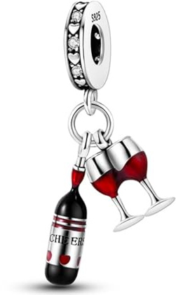 Streetculture vin vinflaska vinglas rött vin cheers Skräst – 925 silver sterlingsilver berlock – berlockarmband hänge smycken tillbehör
