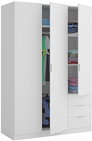 Mobelcenter - Armario 3 Puertas y 3 cajones - Medias: 180 (Alto) x 121 (Ancho) x 52 (Fondo) cm - Armario Blanco - (1230)