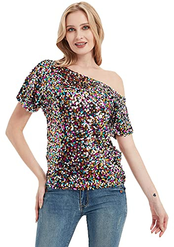 Anna-Kaci Womens Short Sleeve One Shoulder Sparkly Glitter Sequin Top Shirt Blouse, Multicolored, Large
