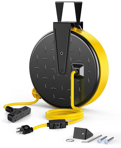 DEWENWILS 30 Ft Retractable Extension Cord Reel, Ceiling/Wall Mount 16/3 Gauge SJTW Power Cord with 3 Electrical Outlets Pigtail for Garage and Shop, 10 Amp Circuit Breaker, Metal Plate, UL Listed