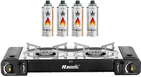 Mianova Campingkocher Doppel Gaskocher 2 flammiger Shisha Anzünder Grill Notfallkocher Kühltasche Gaskartuschen Gas Kocher Set Schwarz 4 Gasflaschen