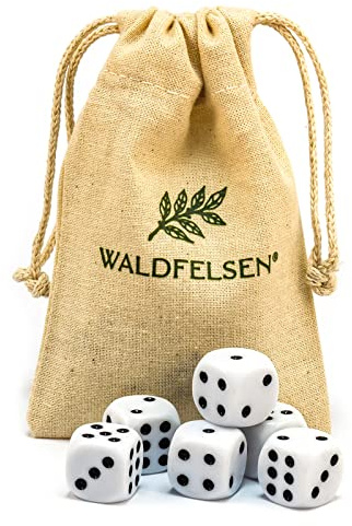 Waldfelsen® Lot de 6, 12, 20, 30 ou 50 dés de qualité supérieure de Waldfelsen® - Taille Standard - 16 mm - en Acrylique - 6 Faces - avec Sac en Tissu (Blanc, 6 pièces)