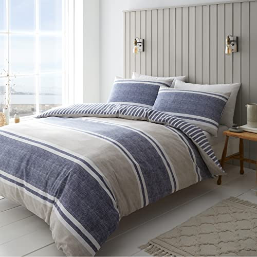 Catherine Lansfield Bedding Textured Banded Stripe Single Duvet Cover Set with Pillowcase Blue
