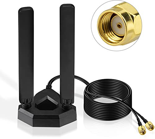 Eightwood Antena Wifi6e Alta Ganancia con Base Magnética Soporte de Tres Frecuencias: 2400-2500 MHz, 5150-5850 MHz, 5900-7125 MHz Cable Extensión de 2 Metros