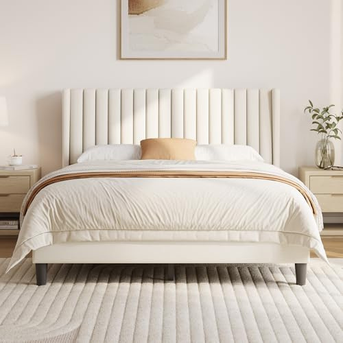 Yaheetech Queen Bed Frame Upholstered Platform Bed with Fabric Headboard, Wing Edge Design/Non-Slip and Noise-Free/Wooden Slats Support/No Box Spring Needed/Easy Assembly, Ivory Queen Bed