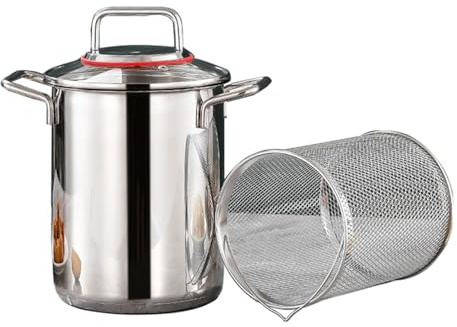 Stainless Steel Asparagus Pot Pasta Cooker Steamer 3.5L/5.5L Home Deep Fryer Pot with Mesh Basket and Lid Multipots for Kitchen French Fries, Chicken - Induction Dishwasher Safe (5.5L)