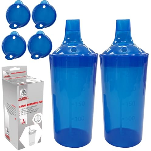 DR. BONE'S THERAPEUTICS ® Set of 2: Blue, Wide Spout, Feeding Beakers. 250ml with Graduated Measurements and Adjustable Flow Lid - Autoclavable, Microwave Safe Spill-Proof & Leak Prevention