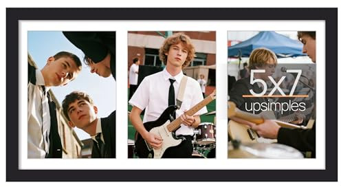 upsimples 8x16 Collage Picture Frame, Display Pictures 3 5x7 with Mat or 8x16 Without Mat, Wall Hanging 3 5x7 Picture Frame Collage Wall Decor, Black, 1 Pack