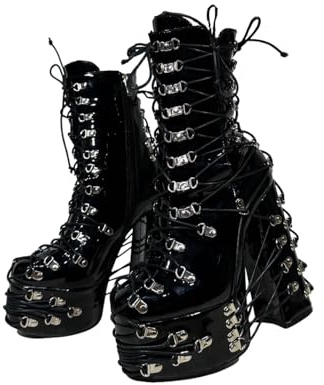Frankie Hsu Bottines gothiques à talons hauts faites à la main avec lacets noirs et boucle argentée vernie, style punk, gothique, Y2K, pour fille, grande taille, chaussures pour femmes et hommes,