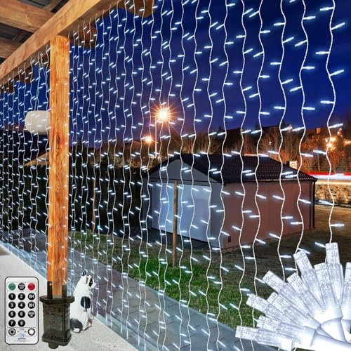 THKFUL Tenda con Catena di Luci LED,6 x 2 m 408 LED Tenda Luminosa,8 Modalità tenda luminosa con spina,lucine per finestre di Natale impermeabili con timer per matrimonio e Natale (bianco)