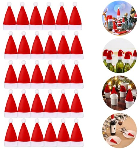 Dawumin Mini gorro de Navidad, 30 unidades de pequeños gorros de Navidad, soporte para cubiertos de Papá Noel, soporte para cubiertos de Navidad para decoración de Navidad