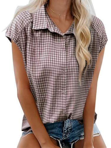 EFFAN Blusa de algodón para mujer, de manga casquillo, cuello en V, para verano, con botones, holgada, para el trabajo, Reino Unido 2025, Cuadros marrones y blancos, M