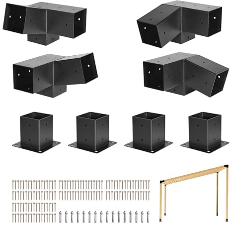 VEVOR Pergola kit i kolstål, 8 stycken 3-vägs lutande fästen ca 101 x 101 mm, passar för ca 1067 x 1067 mm balkar med väggmonteringstillbehör, yttre pergola, lusthus