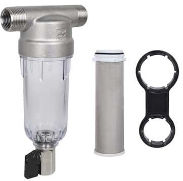 Amwater 304 Stainless Steel 40 Micron Spin Down Water Filter, Whole House Spin Down Sediment Water Filter, Reusable Flushable Pre-Filtration System, 3/4 MNPT + 1/2 FNPT, BPA Free