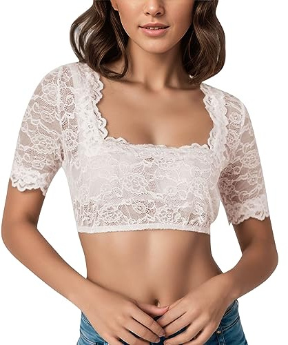 Blusa Dirndl nera in pizzo per Oktoberfest, lingerie da donna, bianco, L