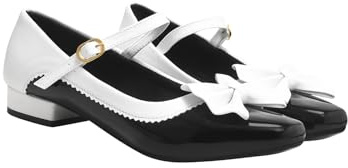 Shoetopia Zapatos de tacón bajo Mary Jane retro con detalle de lazo y correa para mujer, color blanco y negro, para fiesta, casual, Negro, 4 UK