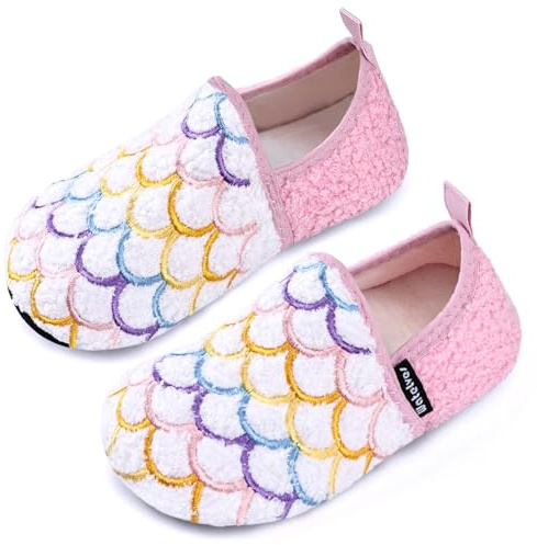 WateLves Kids Slippers Girls Winter Warm House Shoes With Anti-Slip Sole (Pink Fish Scales,26/27)