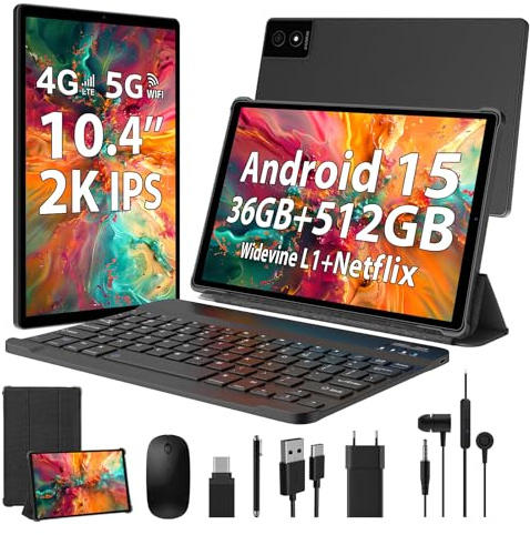 WOREGOO Tableta Android 15 de 10.4 Pulgadas, 4G LTE y WiFi 5G, Octa-Core, 36GB RAM+512GB ROM (1 TB TF), FHD 2K 2000x1200, Widevine L1/GMS/GPS/Cámara 8+13 MP/Batería 8000 mAh con Teclado+Ratón (Negro)