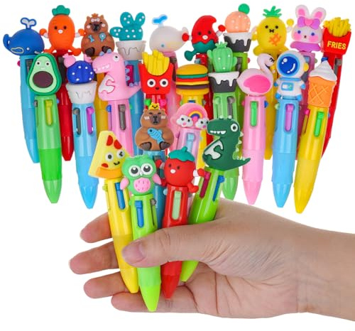 XDGBGFN 25 stycken färgglada tecknade pennor 4 färgade minikulspetspennor 12 cm 4-i-1 0,7 mm bläck djur kulspetspenna kreativa roliga pennor för skola och fest