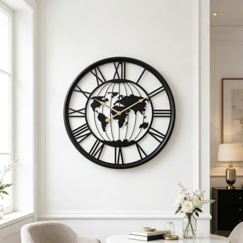 Large World Map Wall Clock,Metal Minimalist Modern Clock,Round Decorative Silent Non-Ticking Battery Operated Wall Clocks for Living Room/Entryway/Kitchen/Bedroom/Office/School Decor (20 Inch)