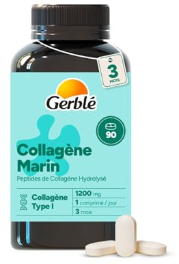 GERBLE - Collagène Marin Hydrolysé 1200 mg - Peptides de Type 1 - Complément Alimentaire - Goût Léger - Sans Colorants - Programme 3 mois (90 Comprimés)