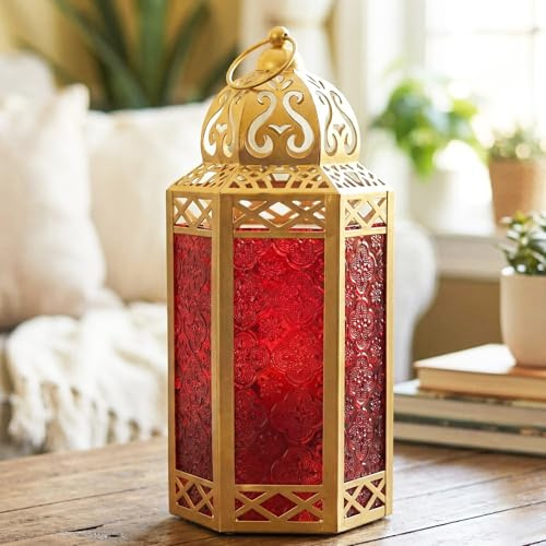 Vela Lanterns Farol portavelas decorativo marroquí de metal de 12 pulgadas para colgar o mesa, decoración interior del hogar, patio al aire libre o porche, bodas, dorado, cristal rojo, grande