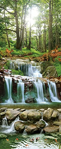 A.Monamour Pegatinas de Puerta Autoadhesivo 3D Cascada Cascada En El Bosque Con La Luz Del Sol A Través De Los Árboles Paisajes Naturales Vinilo para Puertas Mural PVC Pared Foto Poster 77 x 200 cm
