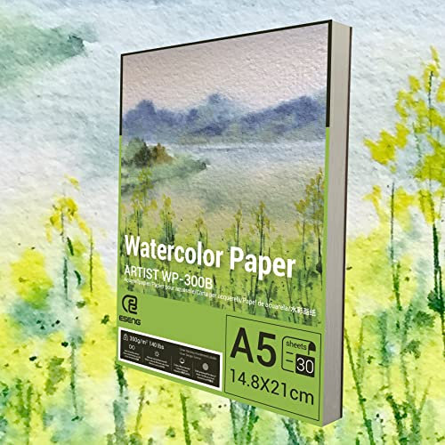 ESENG® Premium Aquarellpapier DIN A5, 100% Baumwolle - 30x Blätte - 300GSM - Weiß, Aquarellblock, Malblock Papier für Aquarell, Zeichnen, Malen
