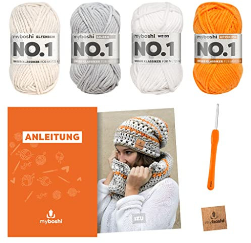 myboshi Häkelset Mütze Izu und Schal Settsu, Häkelset für Anfänger, inkl. No.1 Wolle, Nadel und Anleitung, für Mütze und Schal, Häkelpaket, 30% Merinowolle Silber mit Häkelnadel