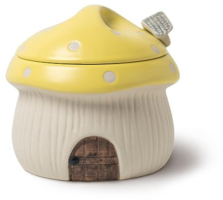 RESVUGA Ceramic Sugar Bowl with Lid and Spoon, Cute Mushroom House Design. Porcelain Seasoning Storage Jar, 320 ml. (Yellow)