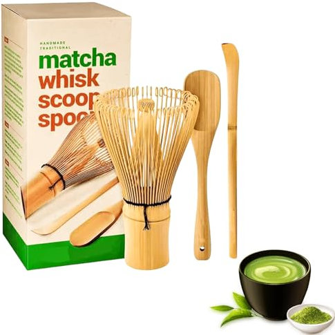 Molbory Juego de 3 escobas matcha, 100 dientes, batidor de matcha, pala tradicional, cuchara tradicional, té verde, polvo, batidor, japonés, hecho a mano