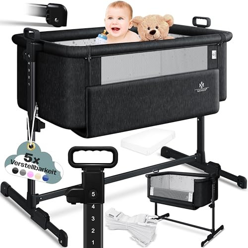 KESSER® Zustellbett Hubi 3in1 Baby Beistellbett Reisebett Babybett mit weich Matratze, mit Rollen Kinderbett, 5-Fach Höhenverstellung, Faltbare Seitenwand für Zuhause und Unterwegs, Schwarz