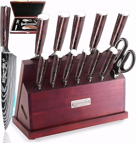 ChefHoablorn Set di coltelli Damasco, 15PCS Set di coltelli da cucina con blocco Premium Chef coltello in acciaio inox, coltello da cucina giapponese con Exrtra tagliere Vino cavatappi Set