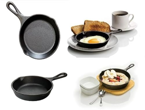 The Vintage Gourmet® Mini Cast Iron Skillet, 5 Small Frying Pans with Double Drip-Spouts Pre-Seasoned Oven Safe Cookware, Camping Indoor Outdoor Cooking, Grill Safe, One Egg, Restaurant Chef Quality