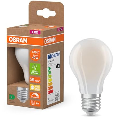 Osram Energy Class LED-Lampe in klassischer Kolbenform, 2.2 W / 470 lm, EEK A, warmweißes Licht (2700 K), CRI 80, aus gefrostetem bleifreiem Glas, E27 Sockel, IP20, 60 mm Durchmesser, dimmbar.